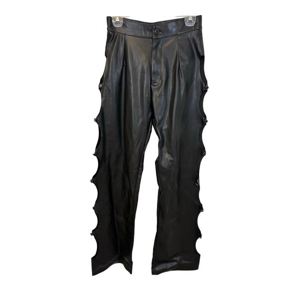 Maniere De Voir Vegan Leather Popper Trousers Black Side Snap 6 Love Island Goth - Picture 2 of 7